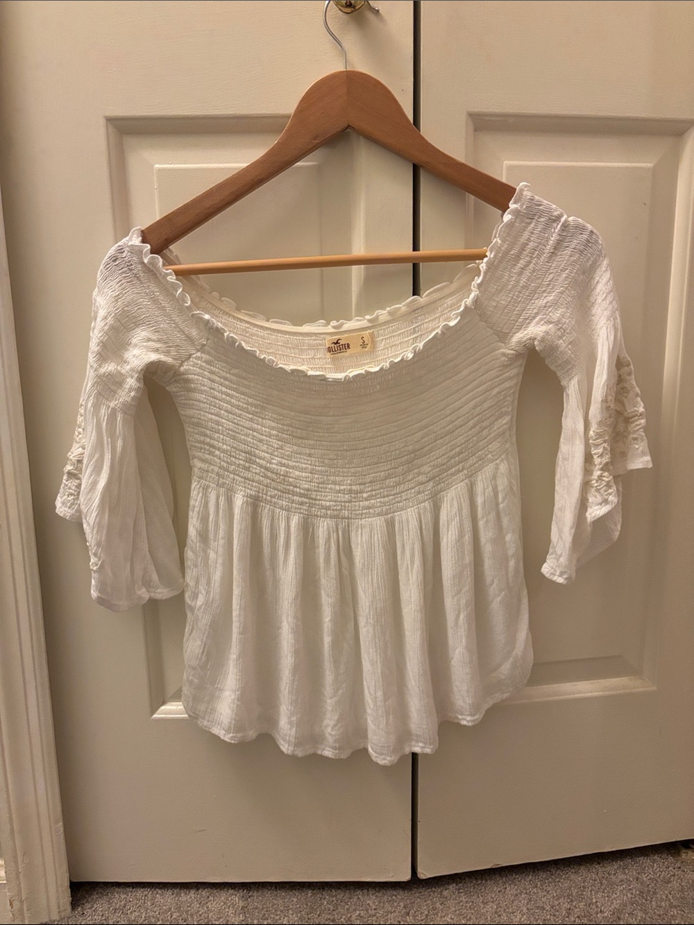 Hollister White Smocked Off-Shoulder Peasant Blouse